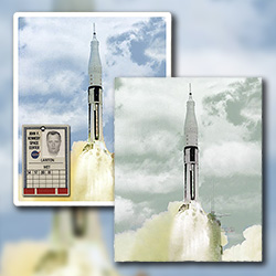 Photo collage of Apollo 8 liftoff photo and NASA ID badge