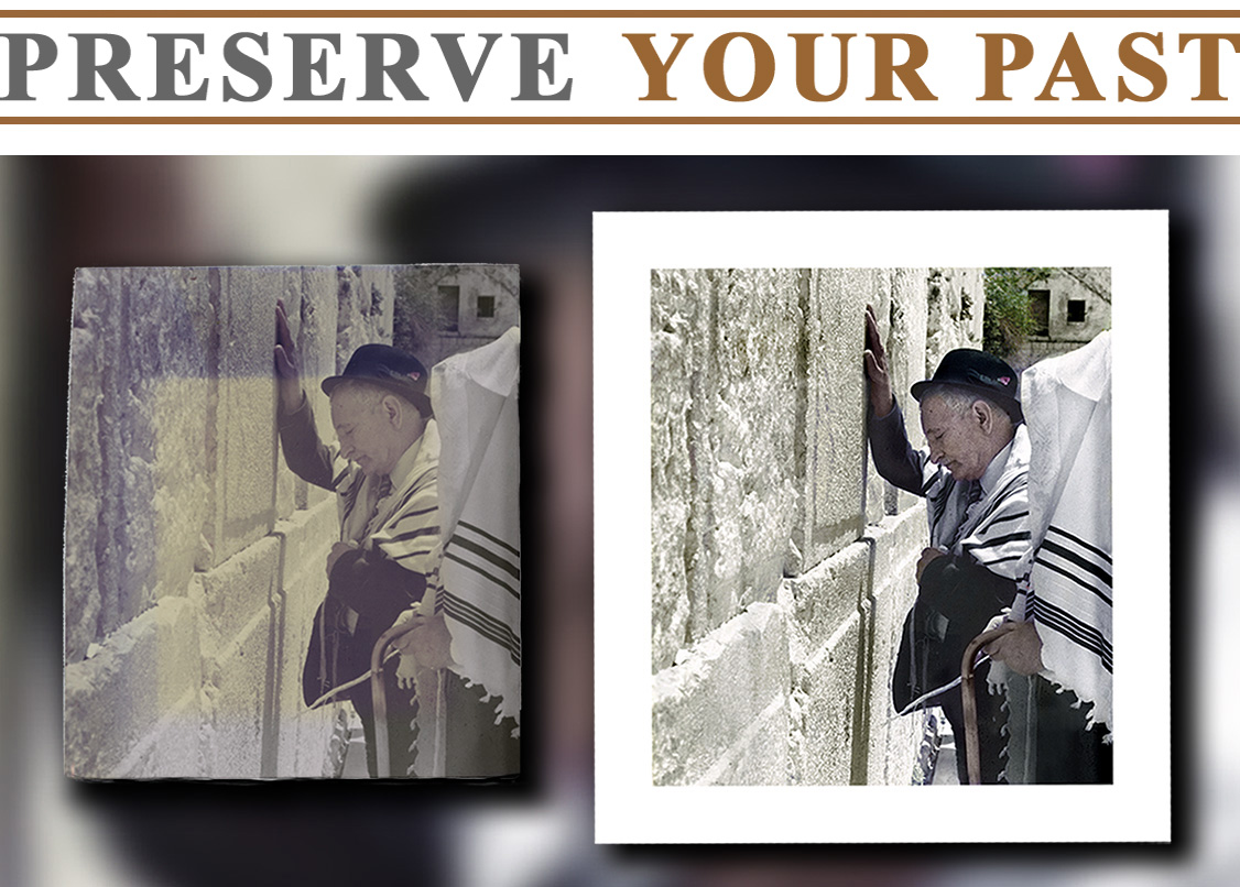 Restoration of a faded photograph of a Holocaust Survivor praying at the Western Wall in Jerusalem.