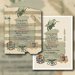 A severely damaged 1951 Bolivarian Games award poster was digitally restored after folding, tears, tape damage, stains, and extensive paper loss.