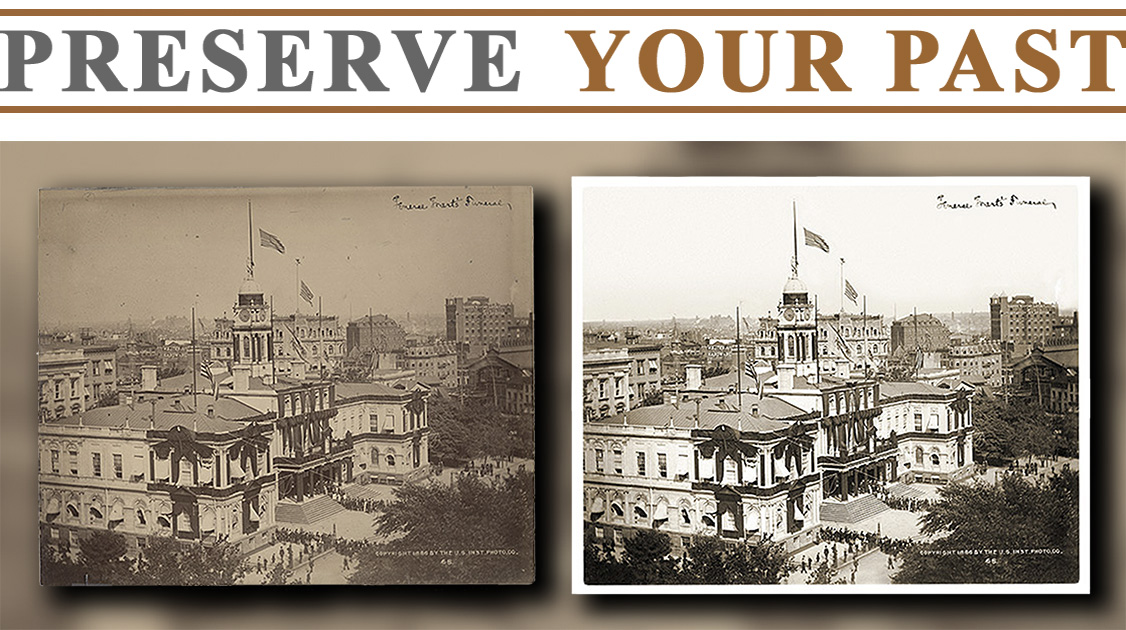 This rare 1885 photograph documents New York City Hall during the public mourning of former President Ulysses S. Grant, when the landmark building was draped in black and thousands of mourners gathered as Grant lay in state beneath its rotunda. The original photograph was professionally scanned using archival-quality equipment and carefully restored through high-resolution digital retouching, blemish removal, and tonal correction to preserve its historic authenticity while creating a permanent digital archive and museum-quality reproduction.