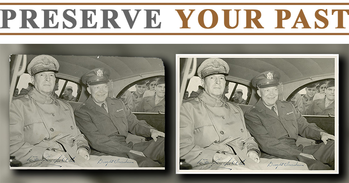 Restoration and reproduction of a historic WWII photograph of General MacArthur and General Eisenhower by Tom Shafer. BY Preserve Your Past, New York, NY
