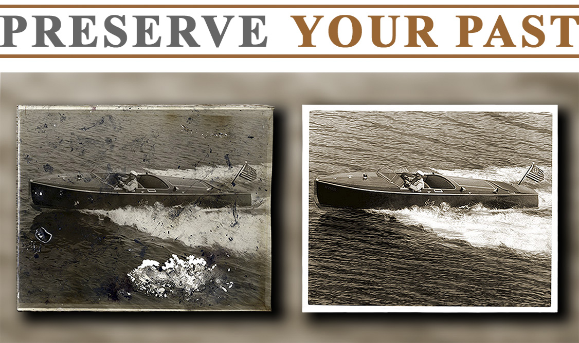 Restored photograph of a vintage Chris-Craft speed boat racing across the waters of Long Island Sound